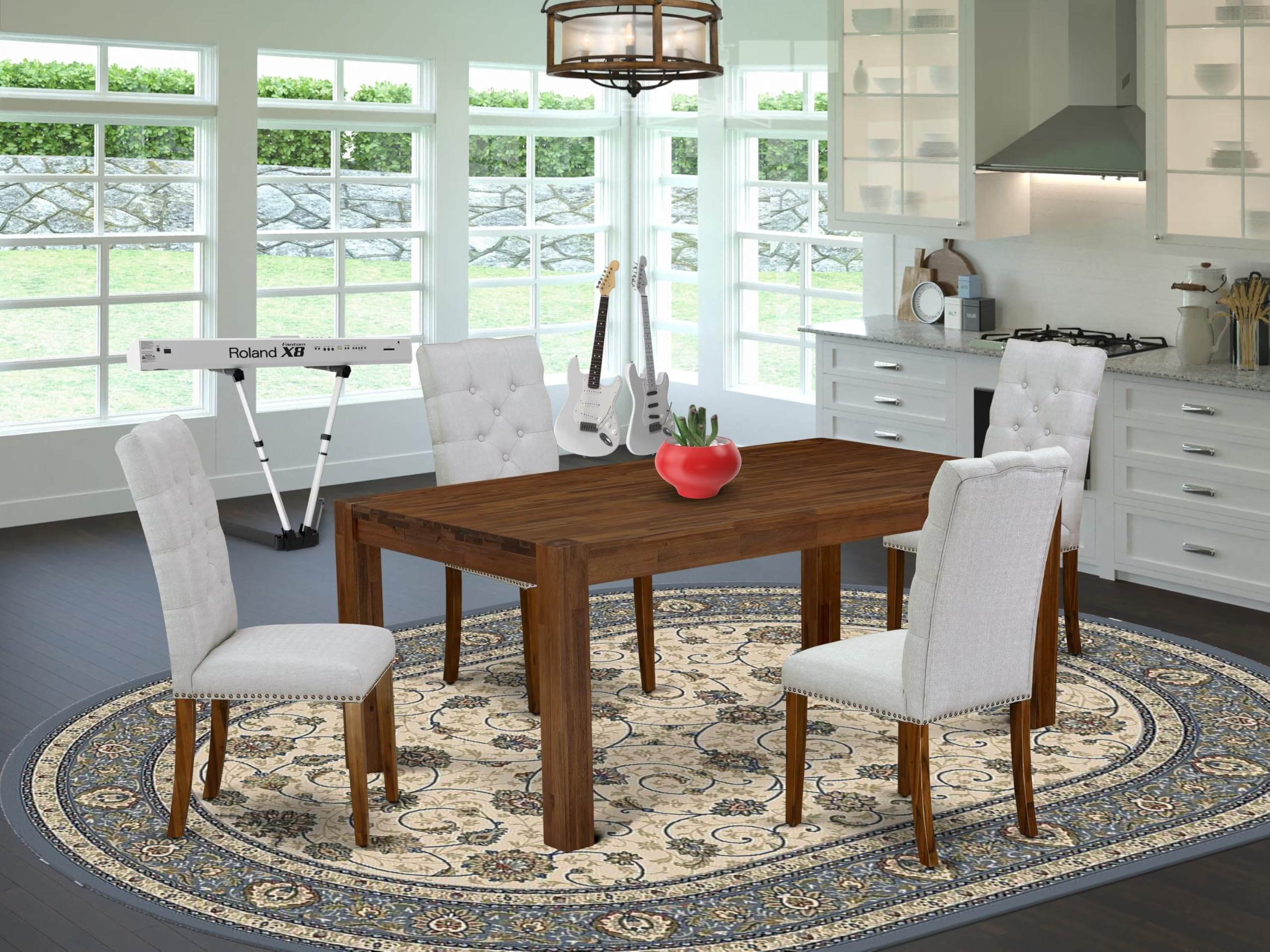 East West Furniture Lmel5-N8-05 5 Piece Kitchen Table Set For 4 Includes A Rectangle Rustic Wood Dining Room Table And 4 Grey Linen Fabric Upholstered Chairs, 40X72 Inch, Walnut